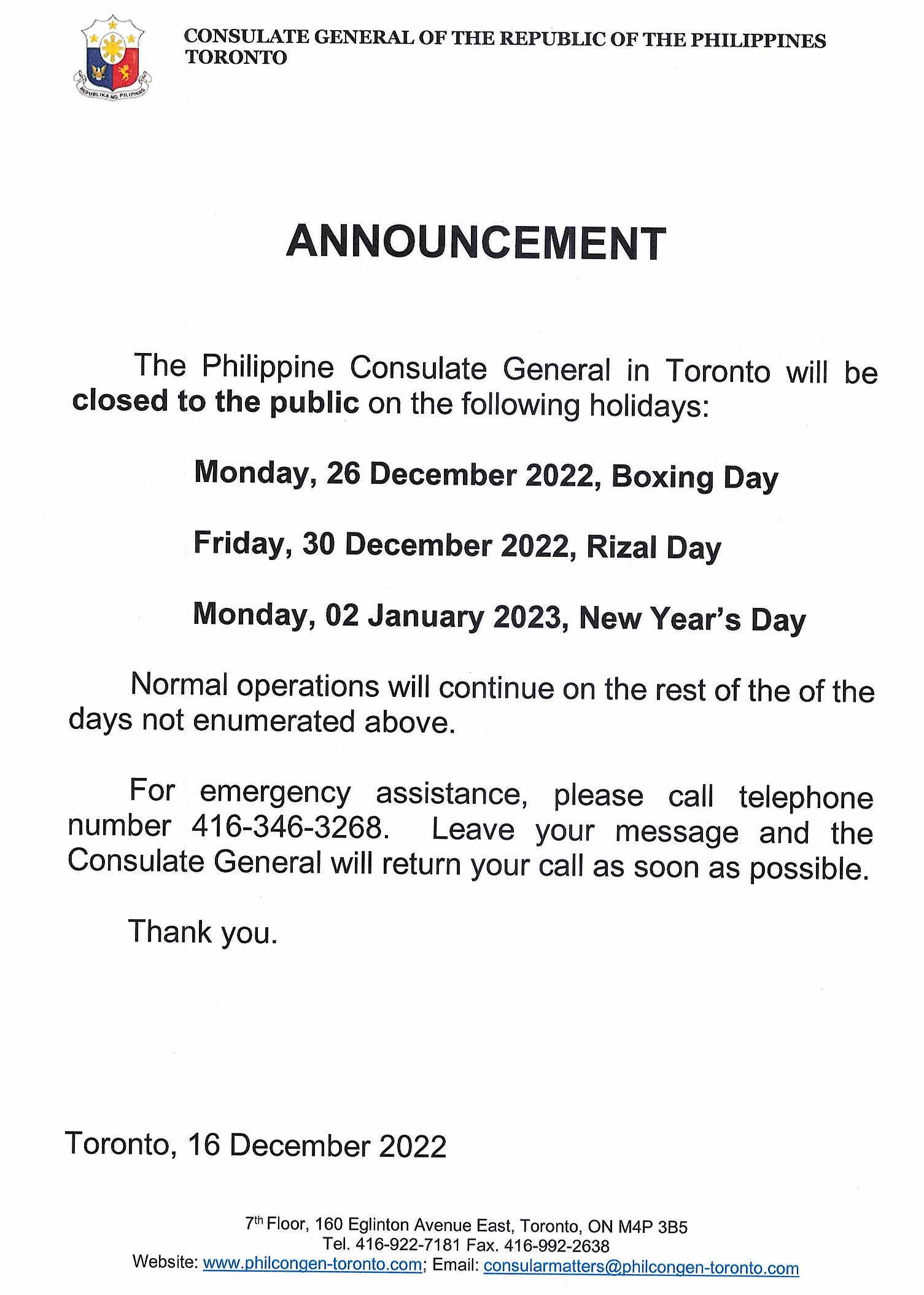 12 26 22HOLIDAY ANNOUNCEMENT 26 DEC