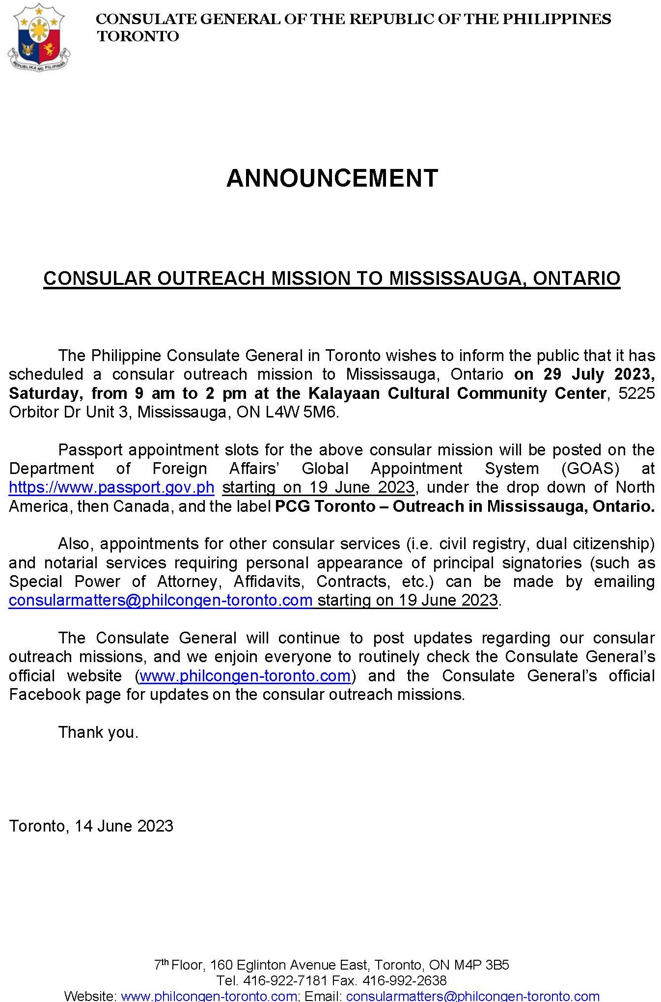 Announcement Consular Outreach