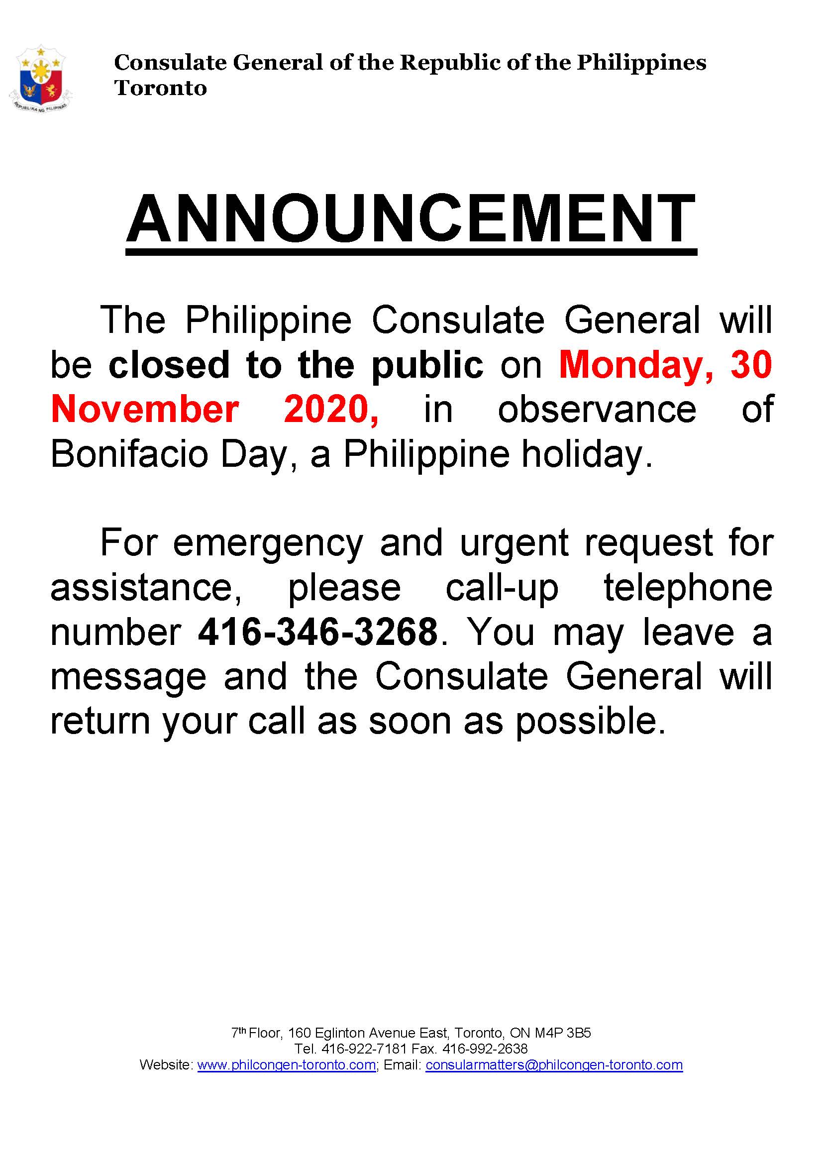 ANNOUNCEMENT holiday notice 30 November 2020 holiday