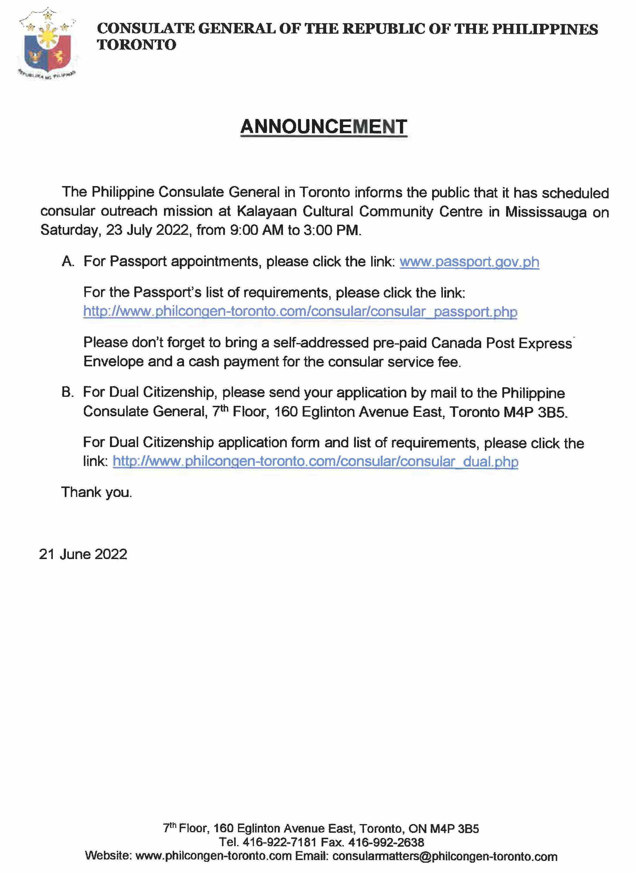 ANNOUNCEMENT MISSISSAUGA 