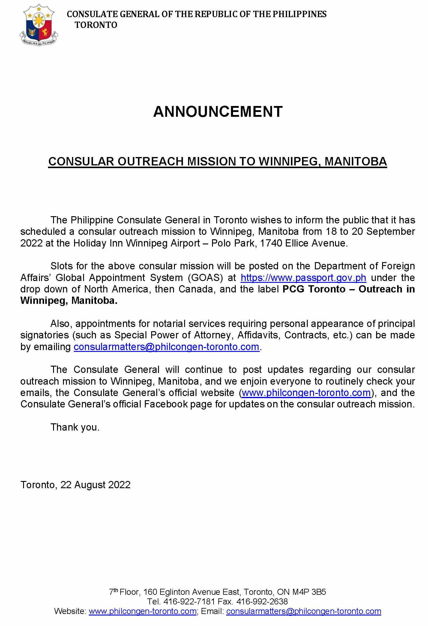 Announcement Manitoba Consular Outreach