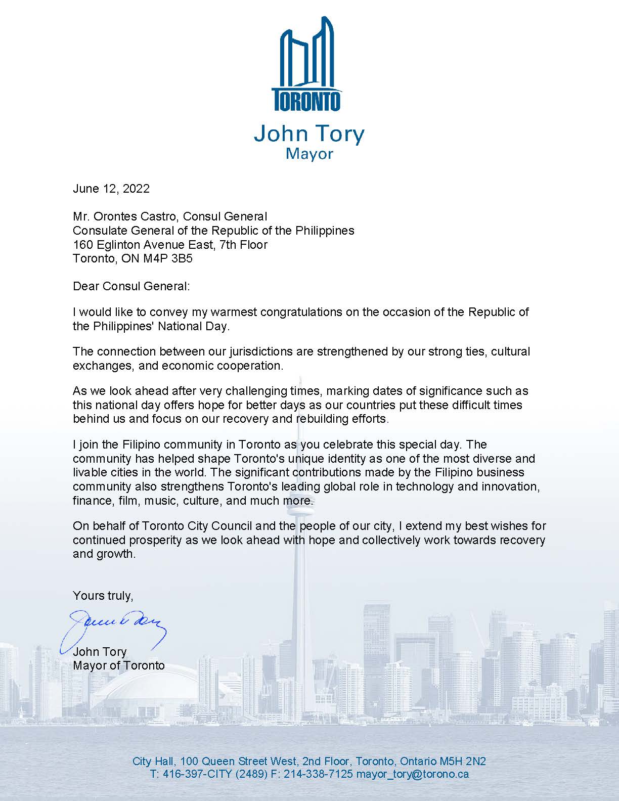 Mayor Tory Message 2022 ind day